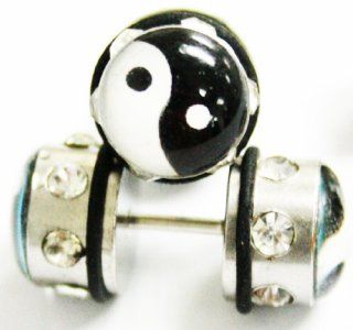 Screw On Cheater Earring Plugs Black White Ying Yang w/ Rhinestones Jewelry