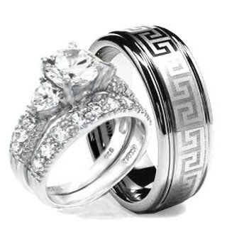 Wedding Ring set, His & Hers 3 Pieces, Hearts 925 STERLING SILVER & TUNGSTEN Engagement Set, AVAILABLE SIZES men's 7,8,9,10,11,12; women's set 5,6,7,8,9,10. CONTACT US BY EMAIL THROUGH  WITH SIZES AFTER PURCHASE Jewelry