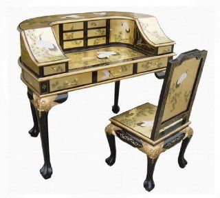 Golden Lacquered Oriental Dresser / Desk With Chair Set   Bedroom Furniture Sets