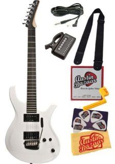 Parker PDF60 Maxx Fly P Series Electric Guitar Bundle with 10 Foot Instrument Cable, Tuner, Strap, Strings, String Winder, Pick Card, and Polishing Cloth   White Musical Instruments