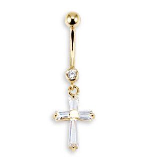 New 14k Yellow Gold CZ Dangle Cross Belly Button Ring Jewelry