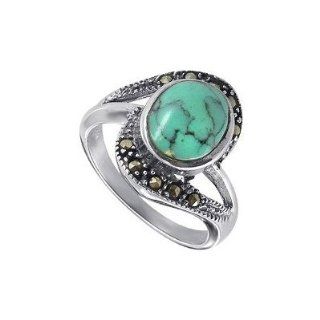 Sterling Silver Oval Shaped 10mm x 11mm Reconstituted Turquoise Stone Marcasite 3mm Band Ring Size 5 Jewelry