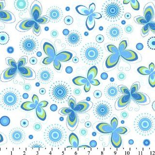 Funky Butterflies White and Blue by David Textiles 58/60" Wide 100% Cotton Jersey offered by CatHouze Crafts