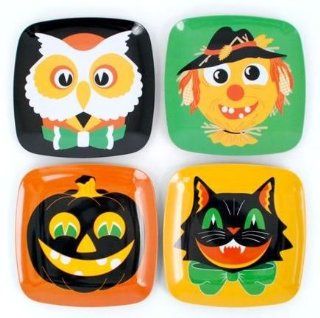 Halloween Vintage Retro Style Plates with Owl, Cat Pumpkin, Set of 4, Melamine Kitchen & Dining