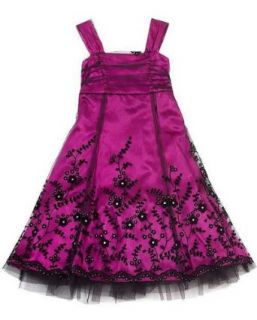 Rare Editions Girls 7 16 Magenta Black Flocked Flowers Tulle Overlay Dress, 10 Clothing