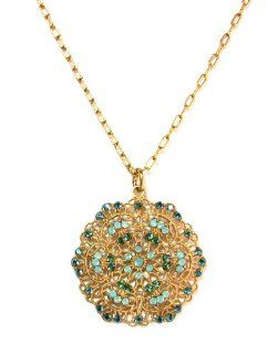 Catherine Popesco 14k Gold Plated Pacific Opal and Teal Swarovski Crystals Filigree Medallion Necklace Catherine Popesco Jewelry