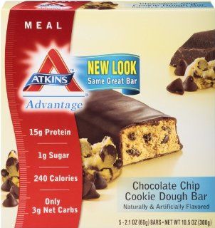Atkins Advantage Chocolate Chip Cookie Dough Meal Bar, 5  Count 2.1 oz Bars (Pack of 6) Health & Personal Care