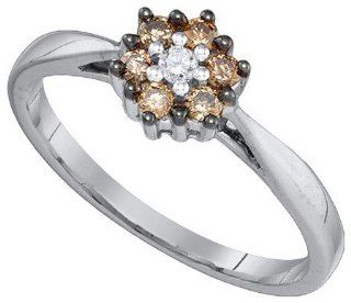 0.25 Carat (ctw) 10K White Gold Round White & Cognac Diamond Ladies Bridal Cluster Flower Engagement Ring 1/4 CT Jewelry