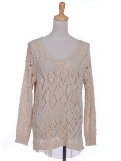 Anna Kaci S/M Fit Beige Loose Knit Large Open Back Attached Chiffon Tail Sweater Pullover Sweaters