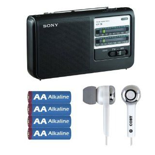 Sony ICF38 ICF 38 Portable AM/FM Radio + 4 Pack AA Alkaline Batteries + Super Bass Digital Stereo Earbud Headphones w/ Volume Control Electronics