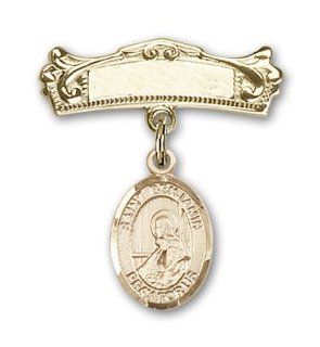 14kt Gold Baby Badge with St. Benjamin Charm and Arched Polished Badge Pin Brooches And Pins Jewelry