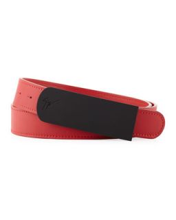 Mens Leather Rubberized Plaque Belt, Red/Black   Giuseppe Zanotti