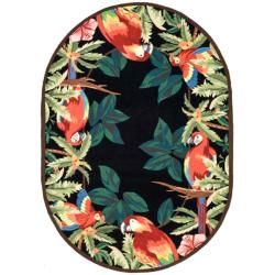 Hand hooked Parrots Black Wool Rug (46 X 66 Oval)