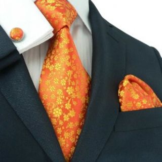Landisun 661 Bright Orange Floral Pattern Mens Silk Tie Set Tie+Hanky+Cufflinks at  Men�s Clothing store