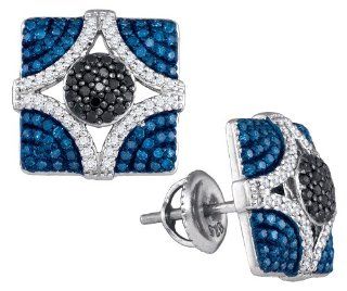 Blue Black Diamond Earrings Square Studs Fashion 10k White Gold (0.85 ct.tw) Jewelry
