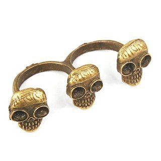 Easyfashion Fashion Retro Bronze Gothic 3 Skull Holes Two Double Finger Ring Hot Punk Jewelry
