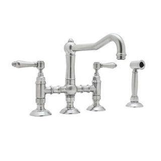 Rohl A1458LMWSAPC 2 Country Kitchen Three Leg Bridge Faucet with Metal Levers Sidespray and 9 Inch Reach Column Spout in Polished Chrome   Touch On Kitchen Sink Faucets  