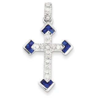 14k White Gold Diamond & Sapphire Cross Pendant 30mmx36mm Jewelry