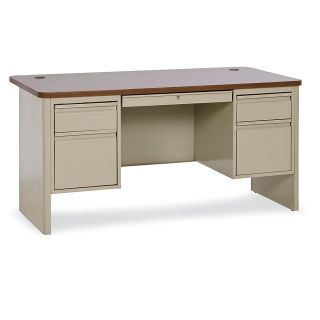Sandusky Lee Office Desk   60X30x29 1/2   Double Pedestal   Putty Desk/Medium Oak Top   Putty Desk/Medium Oak Top