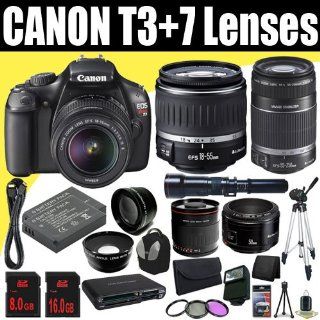 Canon EOS Rebel T3 12.2 MP CMOS Digital SLR Camera + EF S 18 55mm f/3.5 5.6 IS Lens + EF S 55 250mm f/4.0 5.6 IS Telephoto Lens + Canon EF 50mm f/1.8 II SLR Lens + 500mm Mirror Lens + 650 1300mm Lens + Two LP E10 Battery + 24GB SDHC Memory Card + Wide Angl