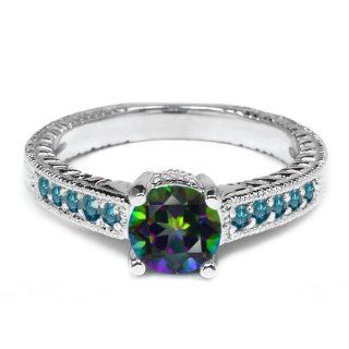 1.17 Ct Round Green Mystic Topaz Blue Diamond 925 Silver Engagement Ring Jewelry