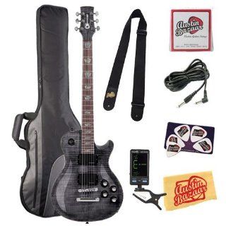 Charvel Desolation DS 1 ST Electric Guitar Bundle with Gig Bag, Tuner, Nylon Strap, 10 Foot Cable, Strings, Pick Card, and Polishing Cloth   Transparent Black, Rosewood Fretboard Musical Instruments
