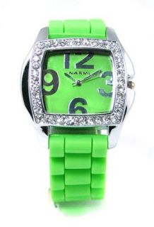 Ceramic Style Watch with Matching Strap and Face and Sparkly Clear Rhinestones (Lime Green) Clothing