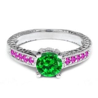 1.68 Ct Round Green Created Emerald Pink Sapphire 925 Sterling Silver Ring Jewelry