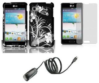 LG Optimus F3 (LS720, MS659)   Accessory Combo Kit   Silver Meadow Butterfly Flower on Black Design Shield Case + Atom LED Keychain Light + Screen Protector + Micro USB Wall Charger Cell Phones & Accessories