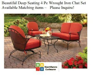 4 Pc Outdoor Black Wrought Iron Deep Seating Chat Set Table & Chairs & Sofa Red Cushions  Outdoor And Patio Furniture Sets  Patio, Lawn & Garden