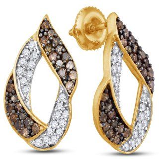 10K Yellow and White Two 2 Tone Gold Round Brilliant Cut Chocolate Brown and White Diamond   Channel Set Studs Earrings with Secure Screw Back Closure   (1.00 cttw.) Jewelry