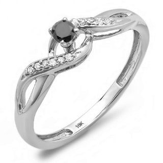 0.20 Carat (ctw) 10k White Gold Round Black And White Diamond Crossover Swirl Ladies Bridal Promise Engagement Ring Jewelry
