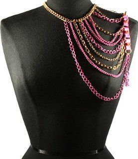 Fashion Jewelry ~ Fuchsia Pink and Goldtone Decorated Spikes Chest Shoulder Body Chain (Style UN8A687GDFSH MWR) Jewelry