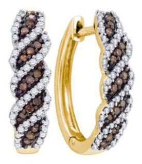 0.64 cttw 10k Yellow Gold Cognac Diamond Huggie Hoop Earrings Chocolate Brown Diamonds, Twist Design, Colors Of Diamonds Are Light To Medium Brown (Real Diamonds 2/3 cttw) Jewelry