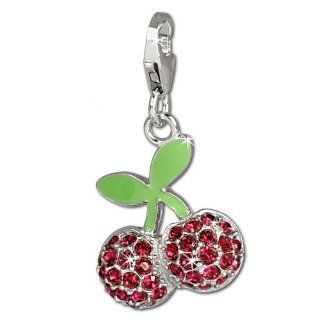 SilberDream Charm green enameled cherries with red Zirconia, 925 Sterling Silver Charms Pendant with Lobster Clasp for Charms Bracelet, Necklace or Earring FC667 SilberDream Jewelry