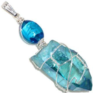 Aqua Aura Quartz Crystal Wire Wrapped Pendant in Sterling with Peacock Blue Antique Venetian Glass Foil Bead By Puppylove Jewelry