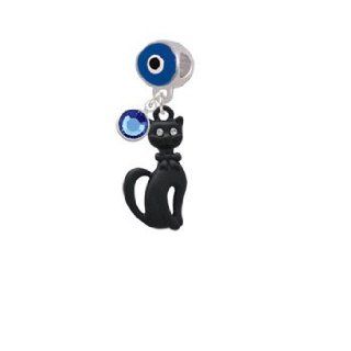 Tall Sitting Matte Black Cat Blue Evil Eye Charm Bead Dangle with Crystal Drop Delight & Co. Jewelry