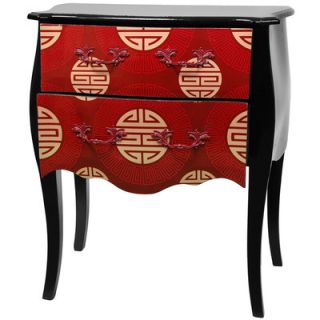 Oriental Furniture Lacquer Shou 2 Drawer Cabinet