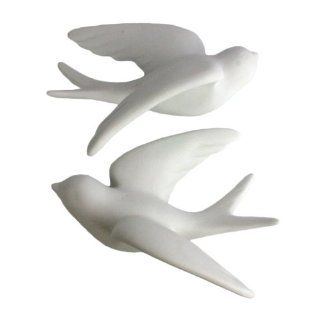Pair of Wall Mount Ceramic Sparrows   White   Large   Furniture