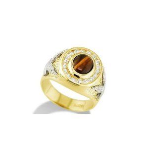 Mens Tiger's Eye CZ 14k Yellow White Gold Eagle Ring Jewelry