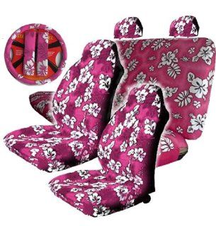 9pc Pink Hawaiian Hibiscus Seat Covers Combo Front High Back Seat Covers Bench Rear Cover Steering Wheel Cover and a Set of Shoulder Pads Automotive