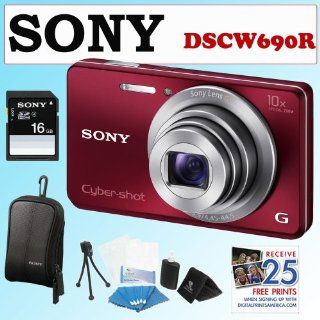 DSCW690R Cybershot 16.1MP 10X Digital Camera Red + 16GB Memory Card + Soft Carrying Case Black + FREE 25 Free Prints + Zeikos Flexible Tripod Memory Card Wallet 3pc Cleaning Kit Microfiber Cloth & 3 Screen Protectors + Infolithium Rechargeable Batter 