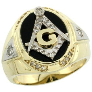 10k Gold Gent's Diamond Masonic Square & Compass Ring Oval Shape Black Onyx Rhodium Accent Jewelry