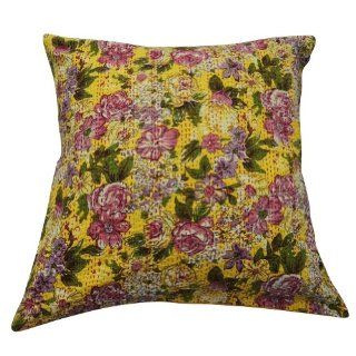 Cotton Kantha Pillowcase Floral Handmade Yellow Couch Large Cushion Cover 24" X 24"   Throw Pillow Covers