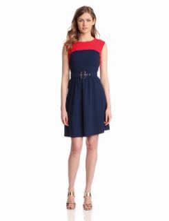 AGB Women's Belted Color Block Dress, Red/Navy, 12