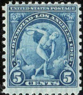 Postage Stamps United States. One Single 5 Cents Blue Myron's Discobolus 10th Summer Olympic Games Issue Stamp Dated 1932, Scott #719. 