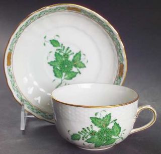 Herend Chinese Bouquet Green (Av) Flat Cup & Saucer Set, Fine China Dinnerware  