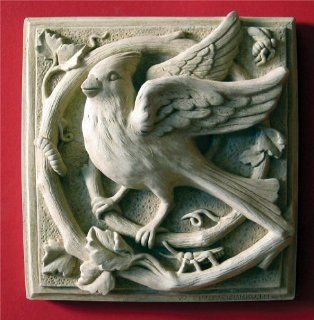Cast Stone Cardinal Bird with Bee, Inch Worm, Grasshopper, Spiral Vines & Leaves   Classic Collection   Concrete Sculpture  Outdoor Plaques  Patio, Lawn & Garden