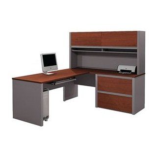 Bordeaux and Slate Bestar Connexion L Shaped Office Desk with Hutch and Pedestal   Home Office Desks