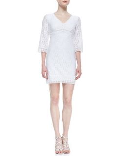 3/4 Sleeve V Neck Lace Dress, Optic White   Laundry by Shelli Segal
